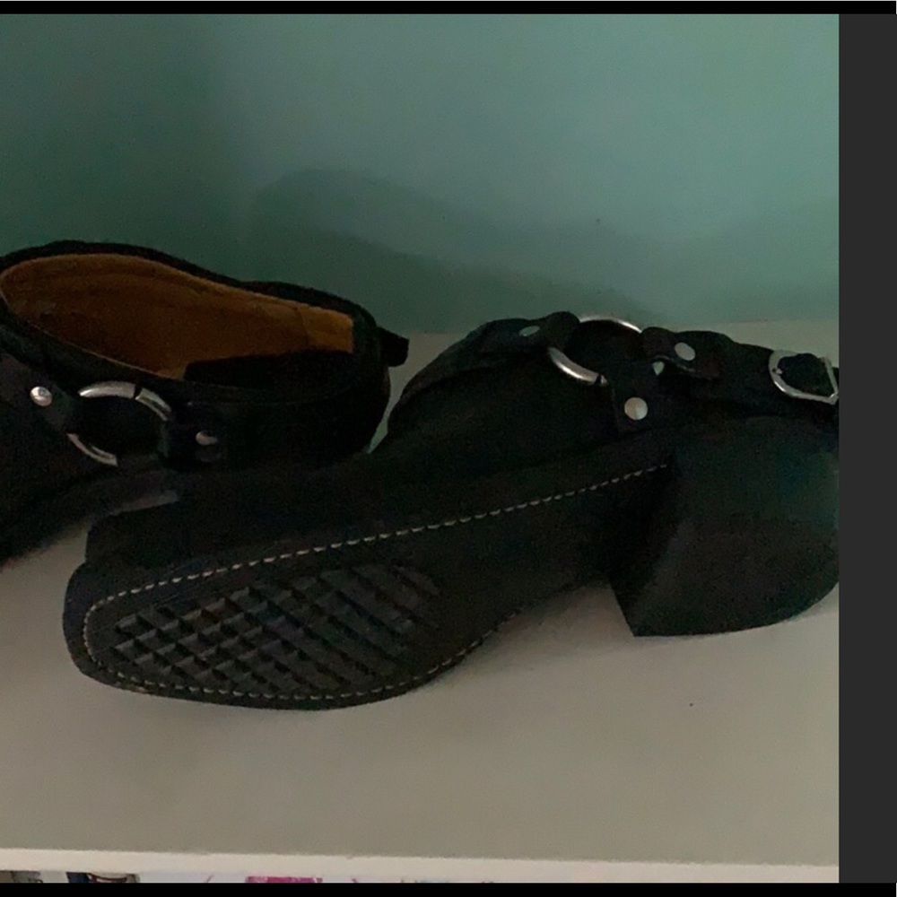 FRYE black leather belted harness mule